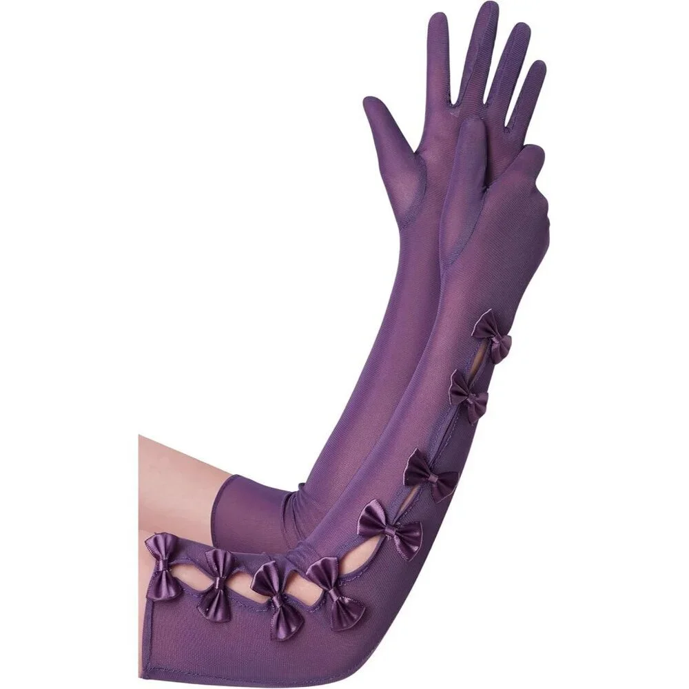 Women's Princess Purple Long Sleeves Gloves Bow Lace Mesh Tulle Party Prom